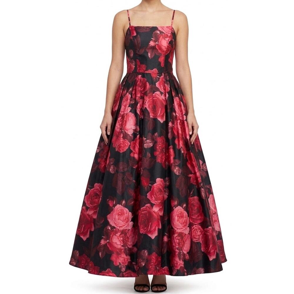 Betsy & Adam Floral Rose Satin Gown Black Red Lace Up A-Line Prom Formal Size 8